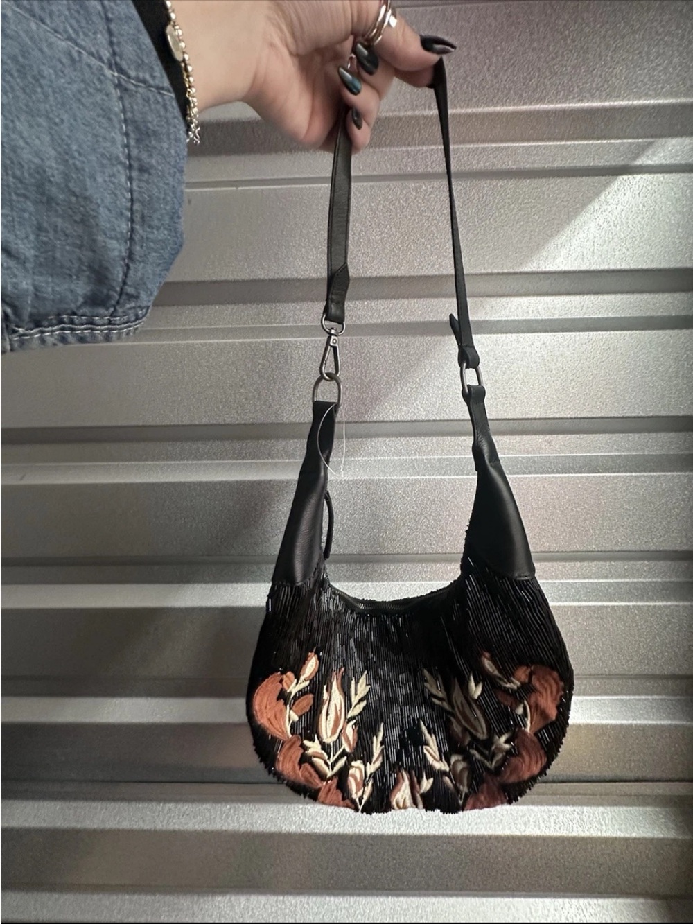 Free People Beaded Floral Crescent Bag Women OS Black Embroidered Hobo NWOT